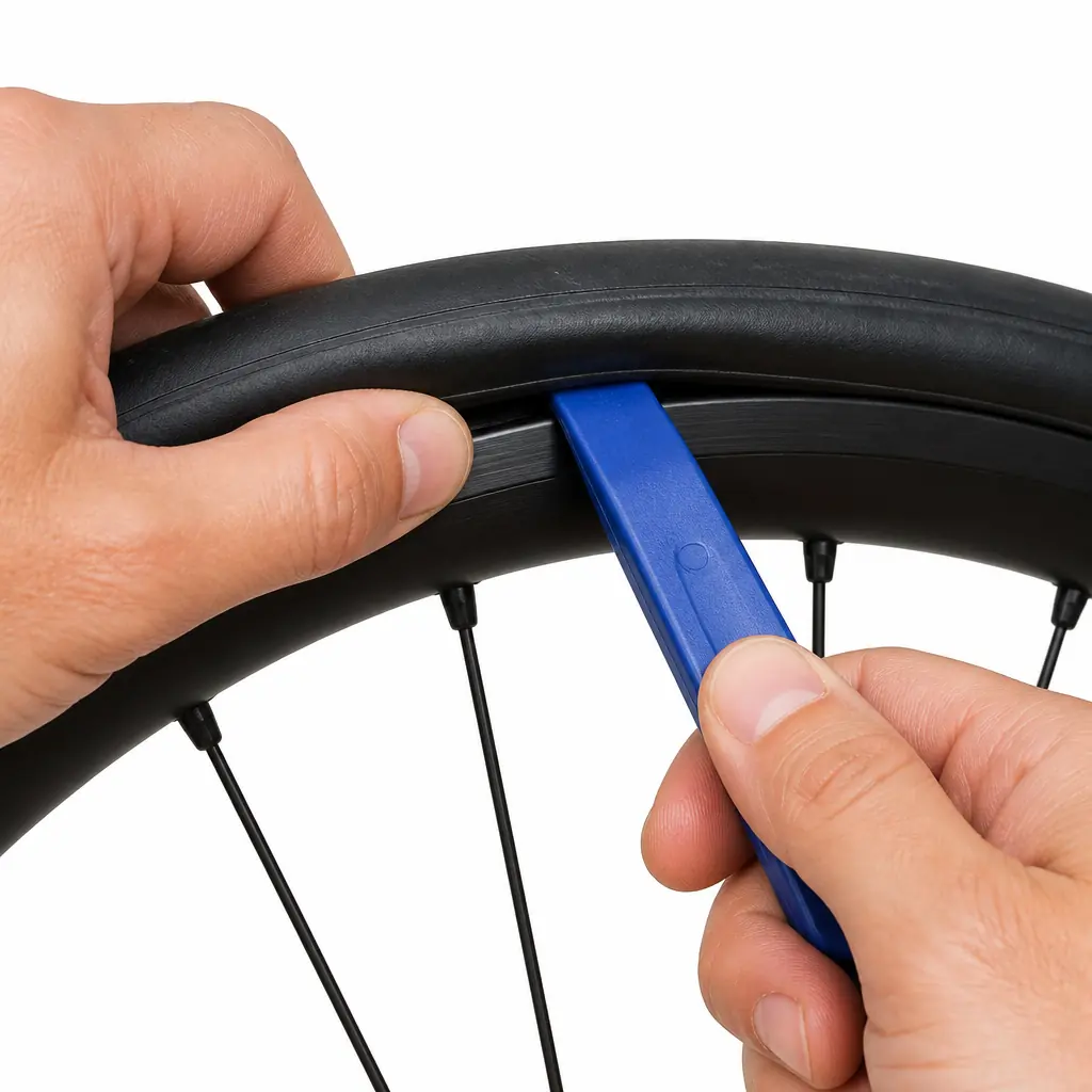 自転車タイヤ交換で、樹脂タイヤレバーを使って古いタイヤの片側ビードをリムから外している写真